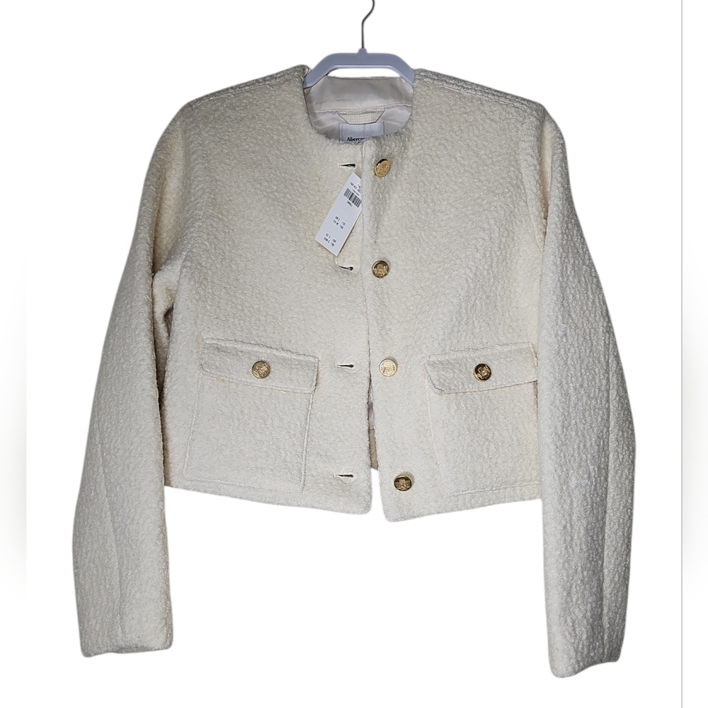 Abercrombie Fitch Coat Womens S Ivory Wool Blend Collarless Boucle Jacket